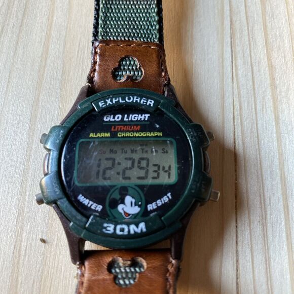 VINTAGE 1990s Disney MICKEY MOUSE Explorer Glo LIght Digital Watch New Battery - Picture 1 of 11
